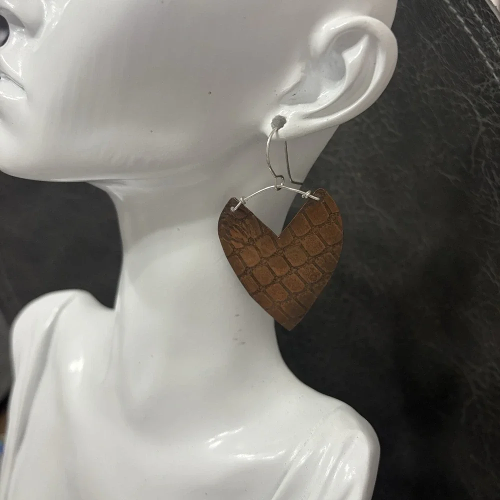Large Heart Earrings Solid Copper Embossed
